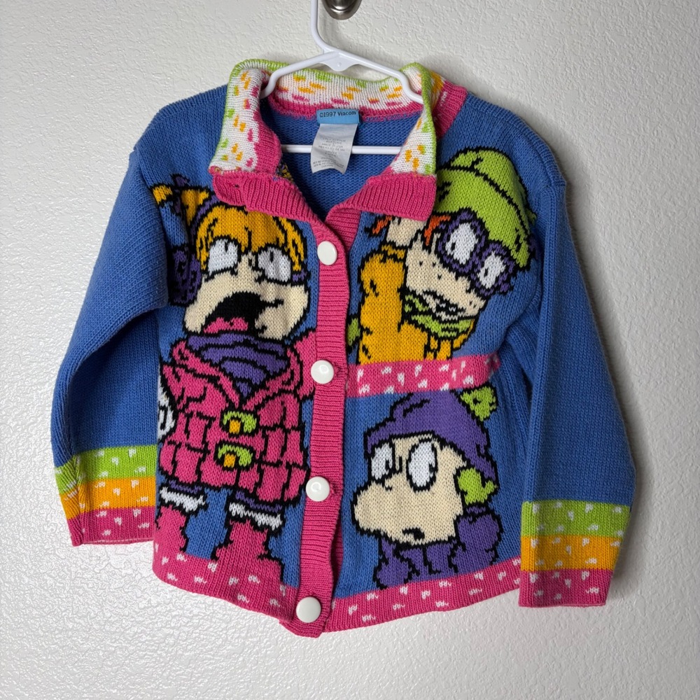 Vintage 1997 Rugrats Nickelodeon Knit Cardigan Sweater Kids 4T Blue 90s USA